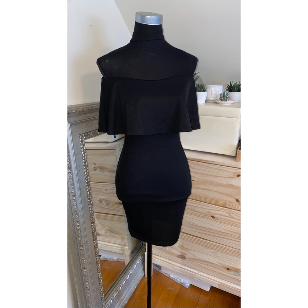 Body con dresses . 1st dress; off the shoulder black dress with neck attachment.